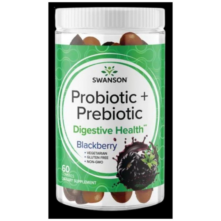 Хранителна добавка SWANSON Probiotic plus Prebiotic Gummies, Къпина, 60 желирани бонбони