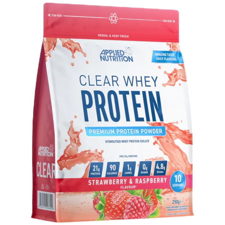 Хранителна добавка Applied Nutrition Clear Whey Protein Hydrolyzed Whey Protein Isolate, Малина и ягода, 250 грама