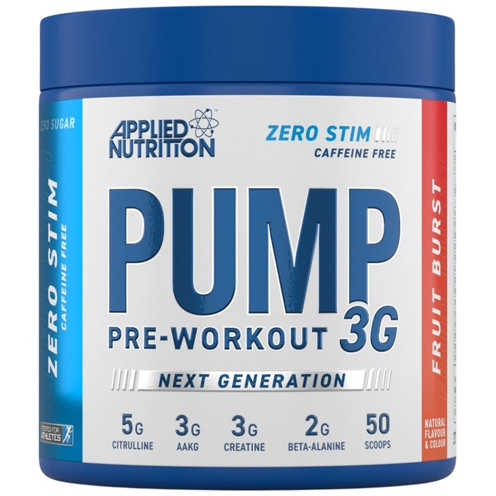 Táplálék-kiegészítő, Applied Nutrition Pump 3G Stim-Free Next Generation Pre-Workout, Fruit Burst, 375 gramm