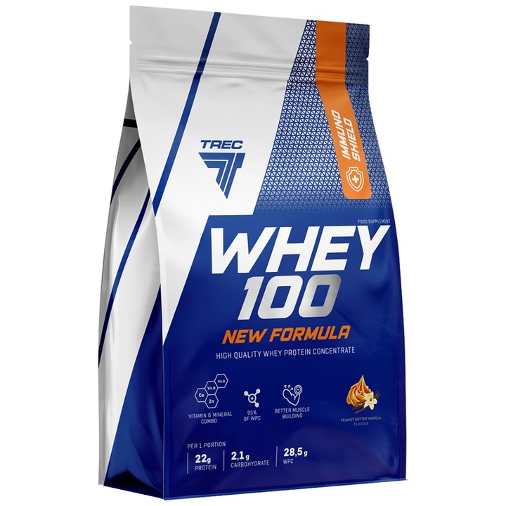 Supliment alimentar, Trec Nutrition Whey 100 Concentrat proteic din zer de inalta calitate cu imuno-scut, unt de arahide cu vanilie, 700 de grame