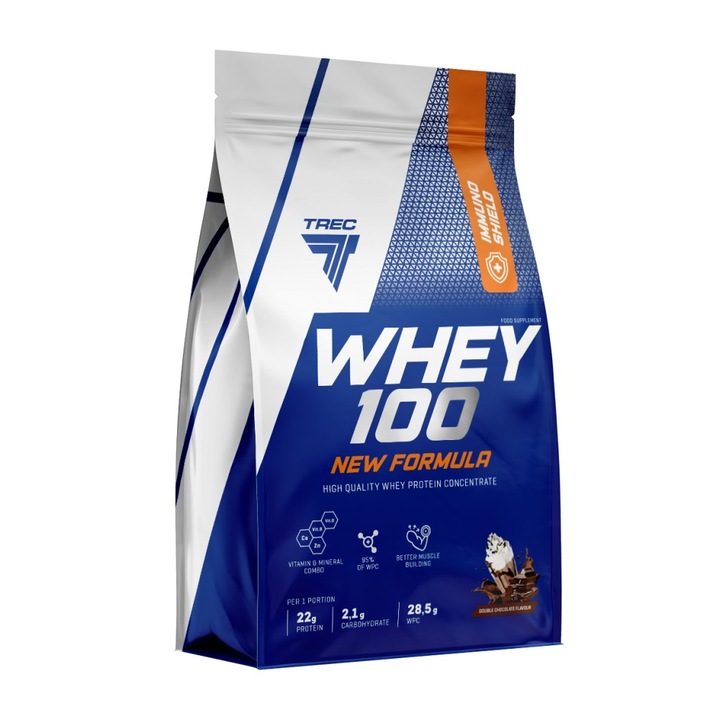 Хранителна добавка Trec Nutrition Whey 100 High Quality Whey Protein Concentrate with Immuno Shield, Двоен шоколад, 700 грама