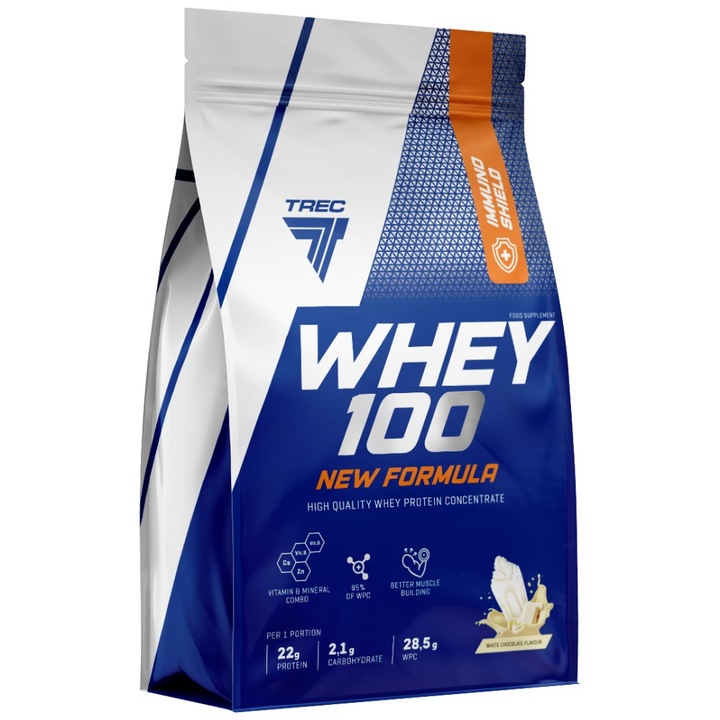 Хранителна добавка Trec Nutrition Whey 100 High Quality Whey Protein Concentrate with Immuno Shield, Бял шоколад, 700 грама