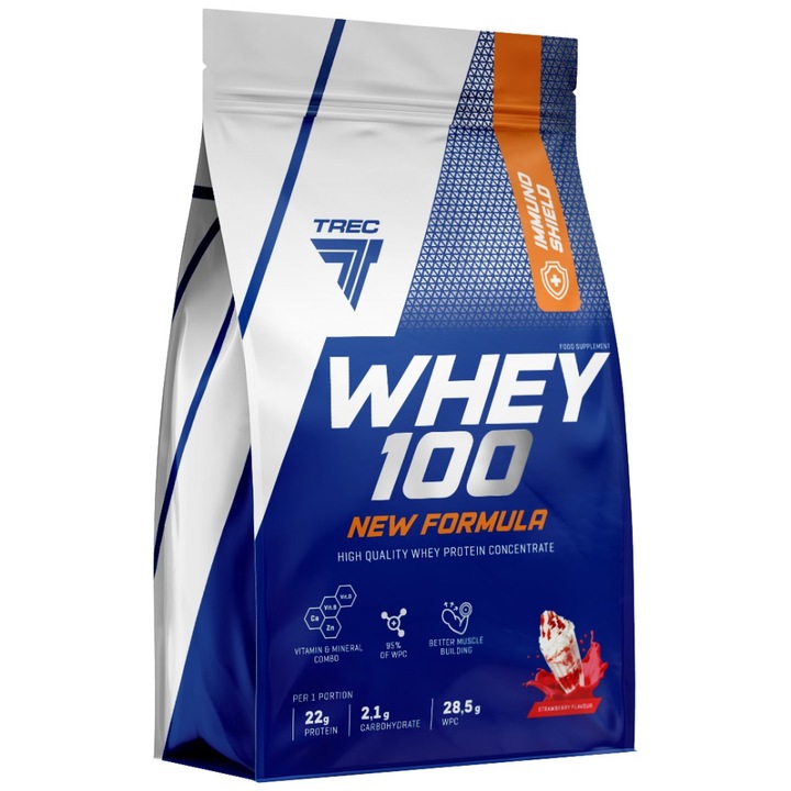Хранителна добавка Trec Nutrition Whey 100 High Quality Whey Protein Concentrate with Immuno Shield, Ягодов крем, 2000 грама
