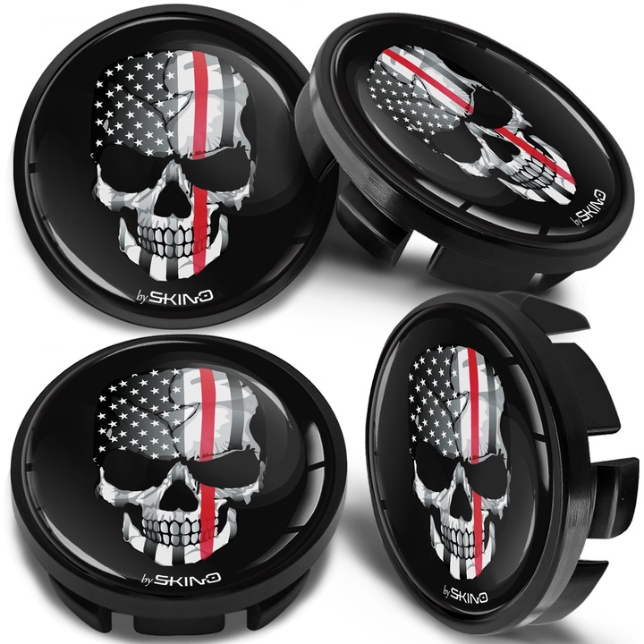 SkinoEu keréksapkák készlet 65mm VW/Skoda kompatibilis könnyűfém keréktárcsák 3B7601171 / 6U7601171 Skull USA Flag Red Line CV 47 4db