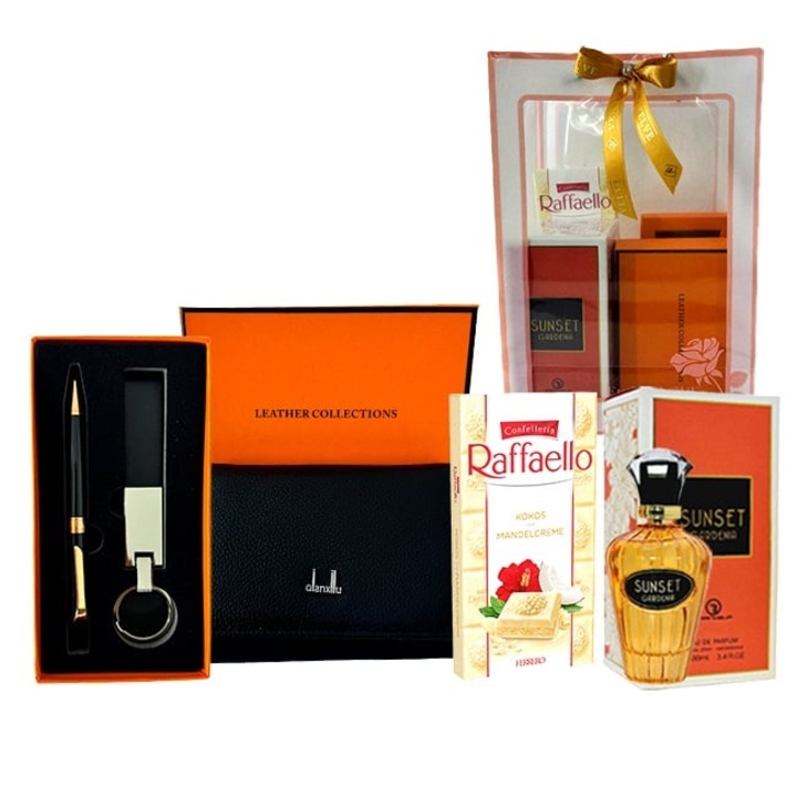 Pachet Orange cu portofel din piele naturala, set breloc si pix asortat, parfum Grandeur Elite 100ml si ciocolata Raffaello, Portocaliu intens, Velve