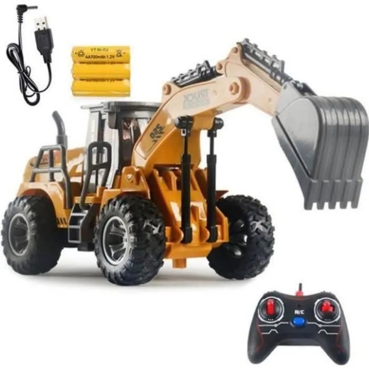 Играчка багер, играчка с дистанционно управление RC, играчка строителна техника, серия строително инженерство, въртене на 360°, с кофа за челен товарач, със светлина и звуци, жълта
