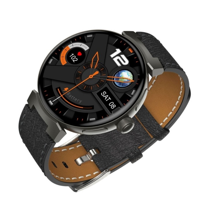 Смарт часовник, унисекс, Amoled екран 1.45" 412x412, фитнес, Bluetooth обаждания, смарт, здравен мониторинг, пулс, кръвно налягане, кислород в кръвта, сън, офлайн плащане, NFC, кожена каишка