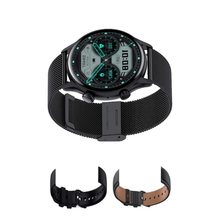 Ceas Smartwatch, 1.36” AMOLED, Ecran mare, Smart, Cadrane multiple, Butoane rotative, NFC, Plata, compatibil Android si IOS, monitorizare oxigen in sange SPo2, monitorizare tensiunie, Apel Bluetooth, waterproof, negru, cu 3 curele