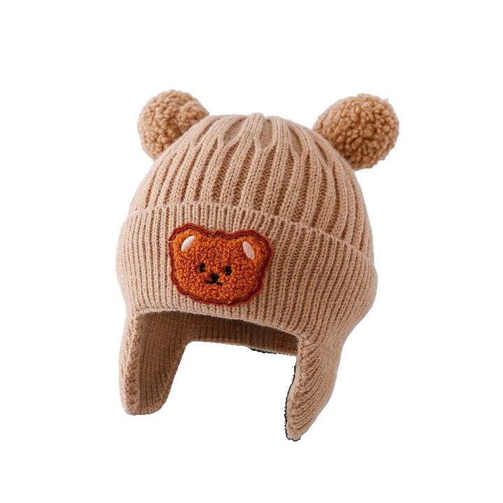 Téli sapka gyerekeknek, khaki, medvefülekkel, egy méretben