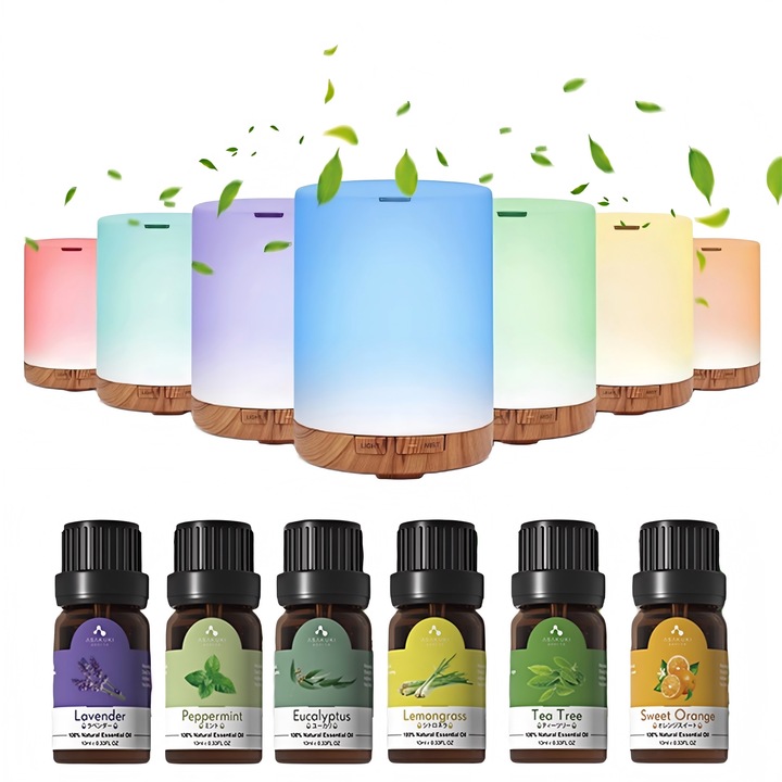 Difuzor Uleiuri Esentiale Aromaterapie, 7 Culori Interschimbabile si Telecomanda, Dormitor, Casa, Bebelusi, Birou, Hotel, set 6 uleiuri esentiale 10ml, oprire automata, 300ml