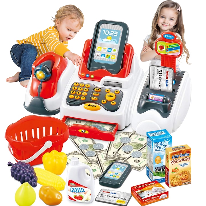 Pénztárgép Játékkészlet, 33 tartozék, pénztárgép szkennerrel és kártyagéppel, fényekkel és hangokkal, kártyaolvasóval, többszínű