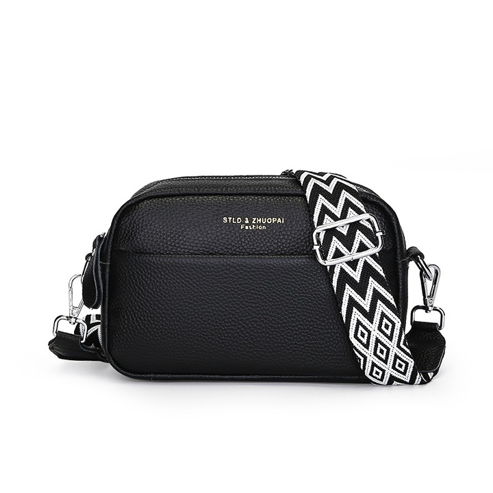 Дамска чанта за през рамо, Crossbody, AllizBan®, естествена кожа, 21x13x7см, Черен, 21 x 13 x 7 cm