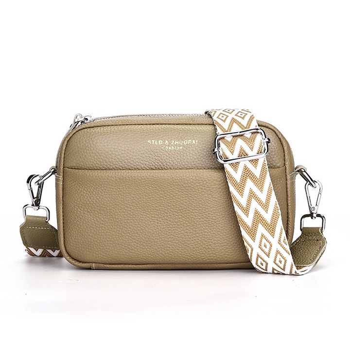 Дамска чанта за през рамо, Crossbody, AllizBan®, естествена кожа, 21x13x7см, Каки, 21 x 13 x 7 cm