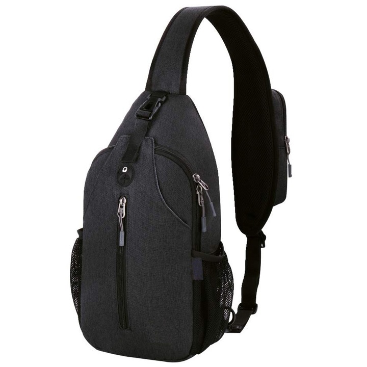 Férfi crossbody táska, AllizBan®, válltáska vagy melltáska, fejhallgató-csatlakozó, vízálló, négyzetes zsebbel, 38 x 18x 9 cm, fekete