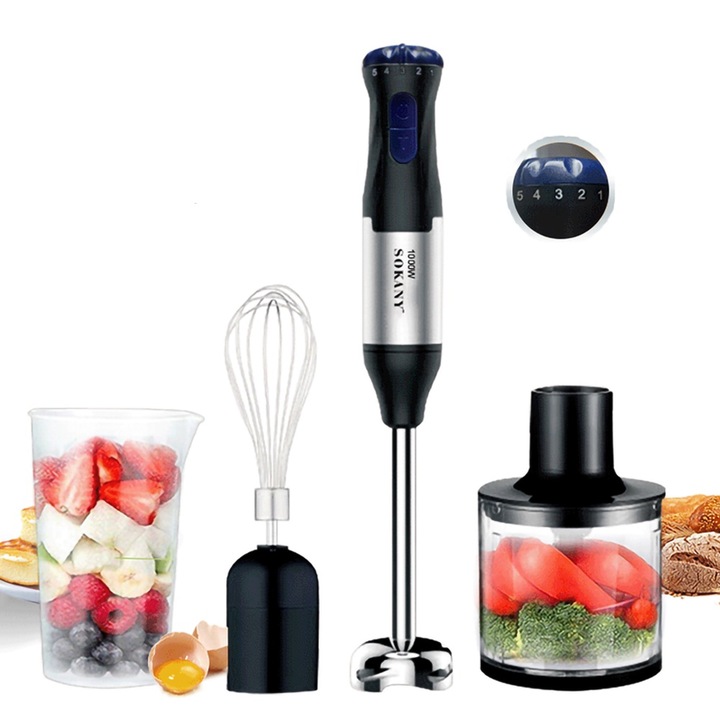 Blender electric de mana si tocator mixer 4 in 1, SOKANY, 1000 W, otel inoxidabil, functionare cu o singura mana, 5 viteze de amestecare