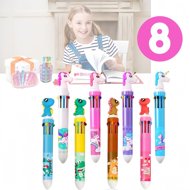 Set de opt pixuri multicolore, Excitat, forme de animale, retractabile, rechizite scolare, studenti, cadouri pentru copii, multicolor