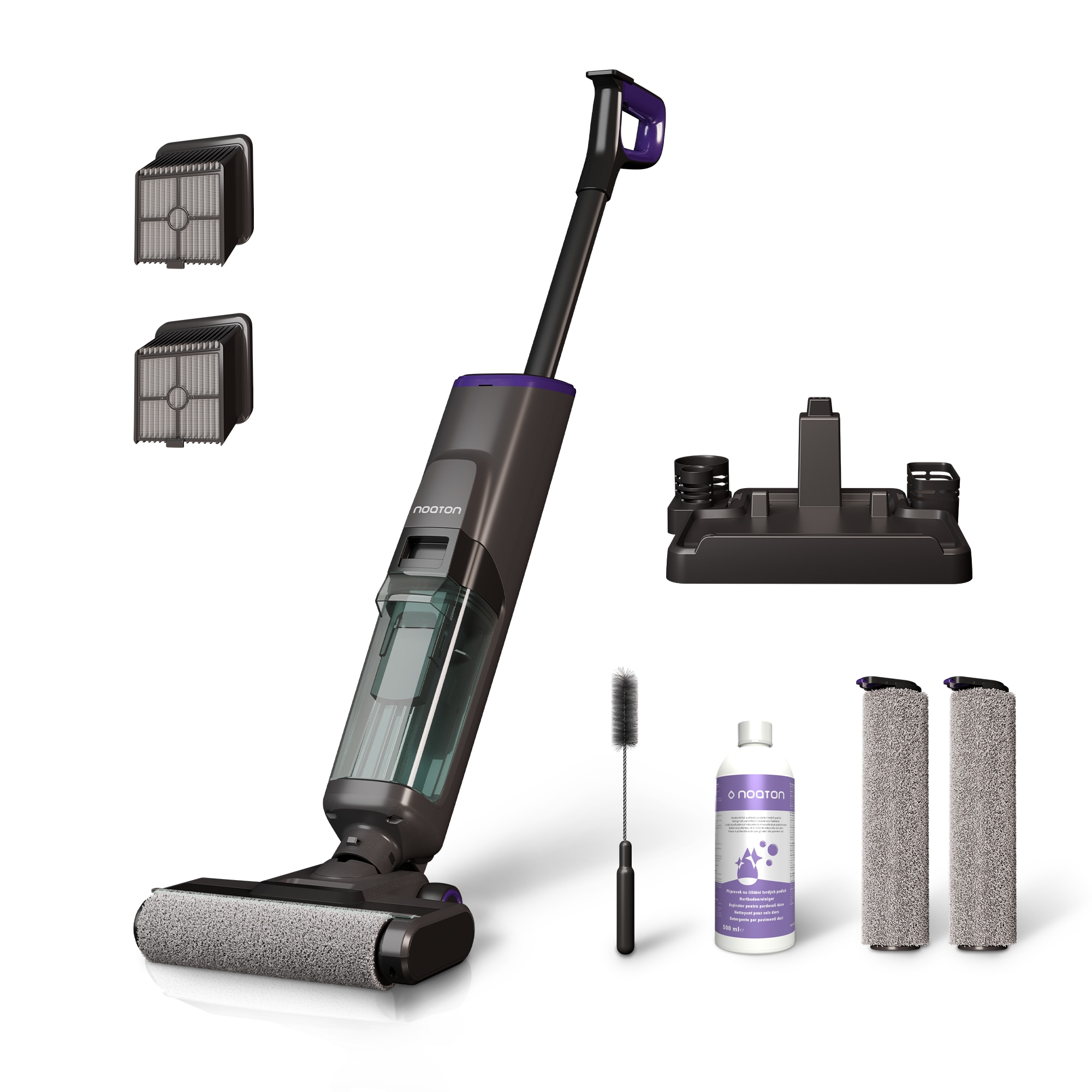 Aspirator vertical fara fir cu spalare Noaton AVC220 Wet and Dry, 220 W, autonomie 50 min, autocuratare, filtru HEPA, LED ecran, cu statie de incarcare, pentru podele dure, par de animale de companie, negru