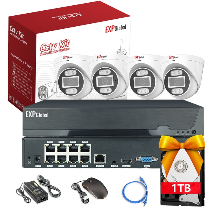 Комплект за видеонаблюдение, EXPGlobal, 4 5MP пълноцветни камери, куполна камера, POE видеорекордер（8 порта）, 1T HDD (вграден VCR), инфрачервено нощно виждане, 3,6 mm, Не включва мрежов кабел