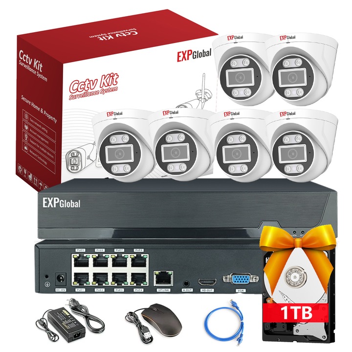 Комплект за видеонаблюдение, EXPGlobal, 6 5MP пълноцветни камери, куполна камера, POE видеорекордер, 1T твърд диск (вграден видеорекордер), инфрачервено нощно виждане, 3.6 мм, Не включва мрежов кабел