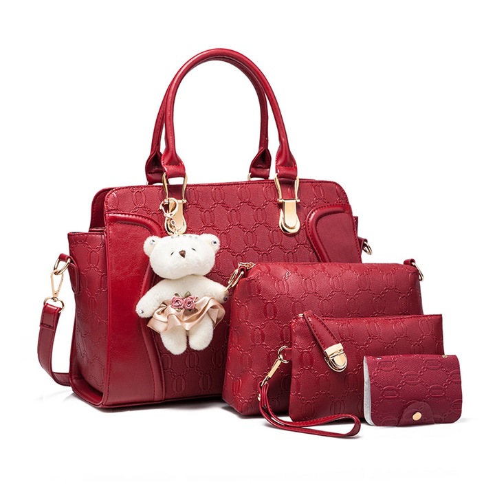 Set 4 Rucsac de Dama, Hggzeg, Cu geanta de mana, geanta messenger, clutch de portofel, titular de card, Accesorii metalice, Fermoare rezistente, Bareta de umar detasabila, Impermeabil, PU, Diverse dimensiuni, Rosu