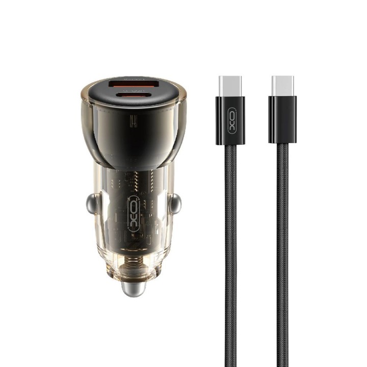 Зарядно за кола 12V XO, 60W, USB-A/QC 3.0 + USB-C/PD3, CC60 + кабел Type-C - Type-C, черно