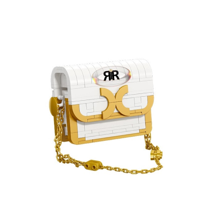 Set blocuri de constructie RIR®, Poseta Fashion alba cu accesorii aurii, 196 piese