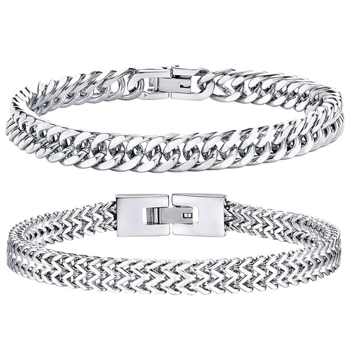 2 darab kubai láncos karkötő szett, Axroad Mall, hossza 21cm, szélessége 6.5/8 mm, hosszan tartó színmegtartás, nem könnyen oxidálódik, hipoallergén, divatos és sokoldalú, robusztus és tartós, férfiaknak alkalmas, ezüst