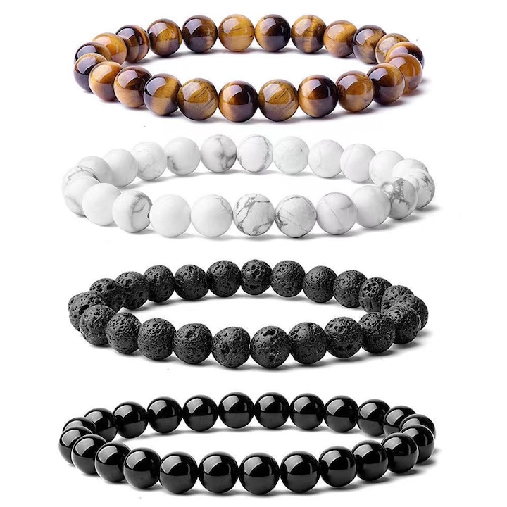Férfi karkötő, Axroad Mall, Vulkáni kő, Tigrisszem kő, obszidián, Fekete kristály, Rugalmas, Átmérő 7 cm, kerület 18 cm, Elegáns design, Hipoallergén, Férfiaknak és nőknek egyaránt alkalmas, Többszínű