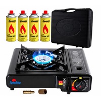 Aragaz Camping Portabil, dubla, Alimentare, Protectie antivant + 4 Rezerve gaz, Totokita®