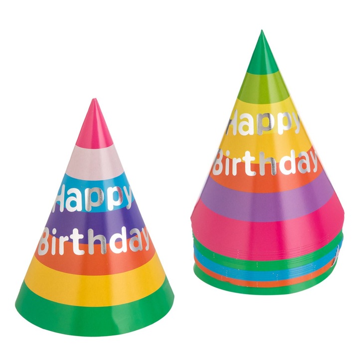 Coifuri Petrecere Carton, Happy Birthday, Dungi Imprimeu Argintiu, Multicolor, Set 20 Bucati, 16cm