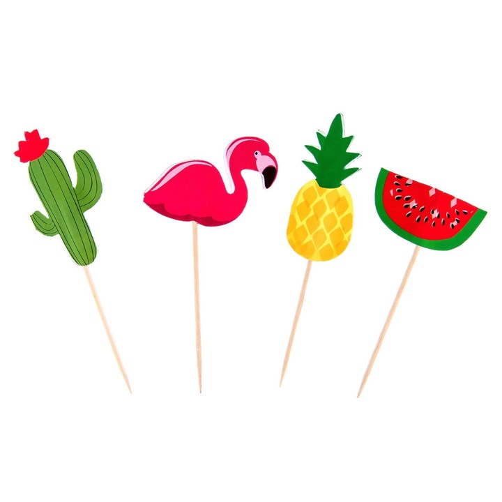 Díszítő parti fogpiszkáló készlet, 10 db, többszínű, trópusi gyümölcs és flamingó figurák, 10 cm