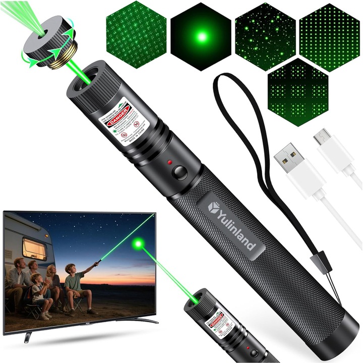 Laser pointer verde puternic, profesionala, Dispozitiv Laser, de inalta putere, led verde, reglare multipla a modului de iluminare, incarcare USB, 1200mAh, Negru