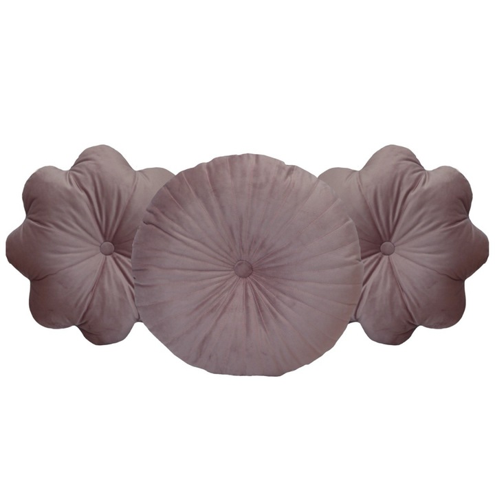 Set de 3 Perne Decorative Puffet din Catifea – O Perna Rotunda si Doua Floare cu Detalii Ornamentale