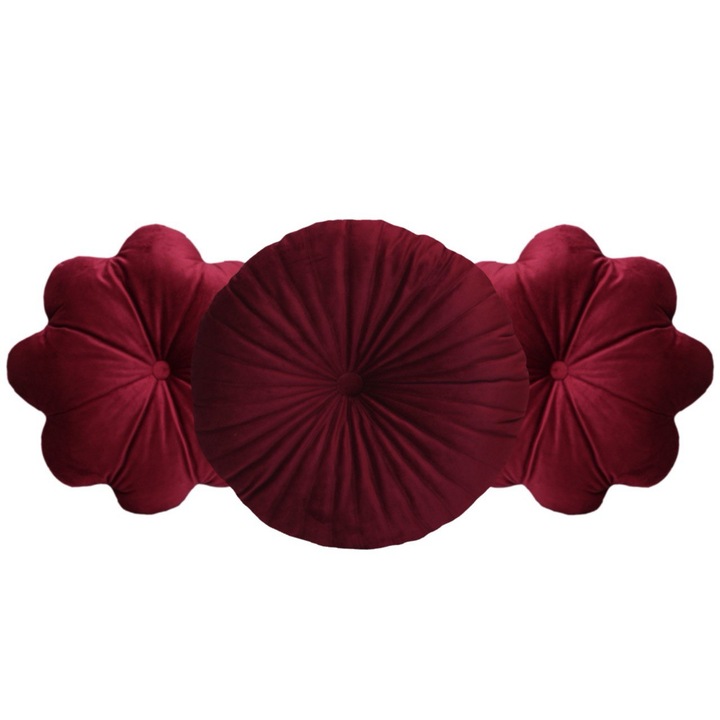 Set de 3 Perne Decorative Puffet din Catifea Visinie – O Perna Rotunda si Doua Floare cu Detalii Ornamentale