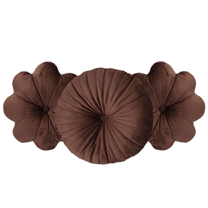 Комплект от 3 кафяви кадифени декоративни възглавници - една кръгла възглавница и две цветя с декоративни детайли