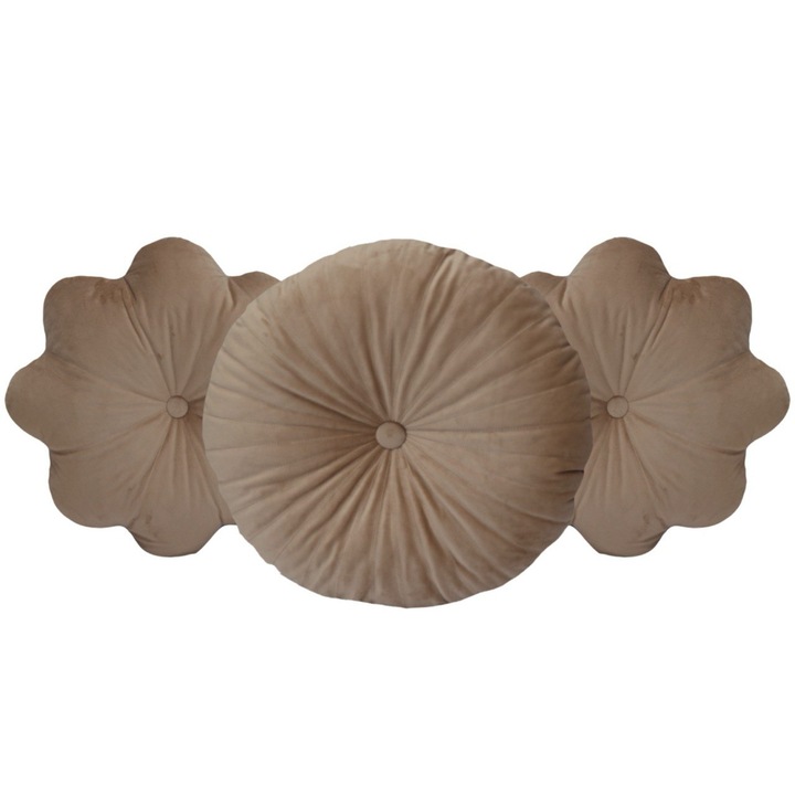 Set de 3 Perne Decorative Puffet din Catifea Crem – O Perna Rotunda si Doua Floare cu Detalii Ornamentale