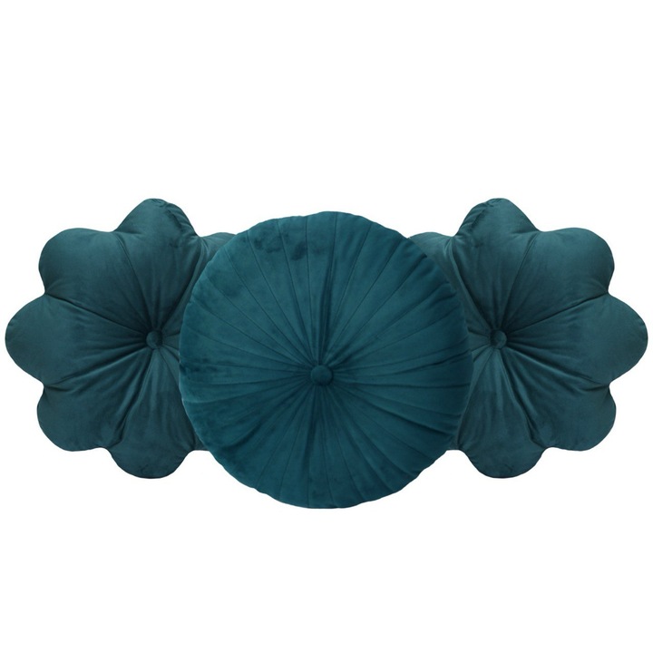 Set de 3 Perne Decorative Puffet din Catifea Verde Inchis – O Perna Rotunda si Doua Floare cu Detalii Ornamentale