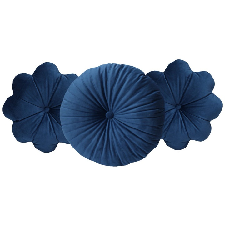 Set de 3 Perne Decorative Puffet din Catifea Albastru Royal – O Perna Rotunda si Doua Floare cu Detalii Ornamentale