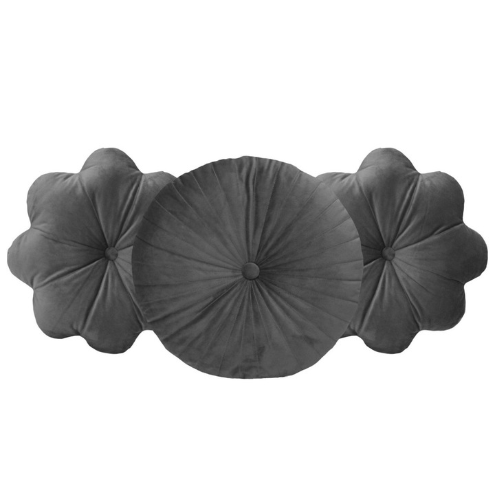 Set de 3 Perne Decorative Puffet din Catifea Gri Inchis – O Perna Rotunda si Doua Floare cu Detalii Ornamentale