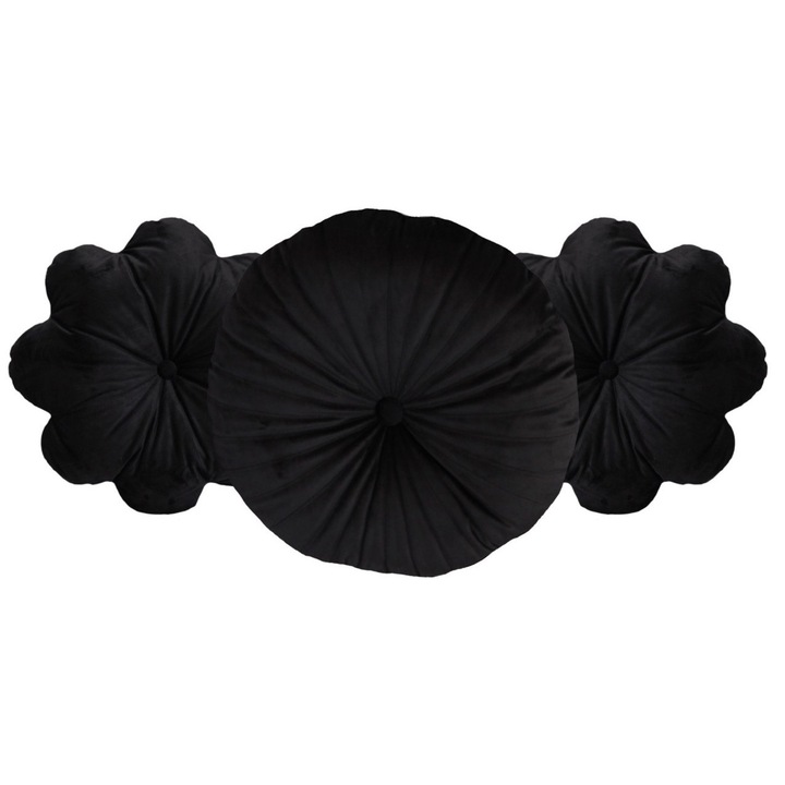 Set de 3 Perne Decorative Puffet din Catifea Neagra – O Perna Rotunda si Doua Floare cu Detalii Ornamentale