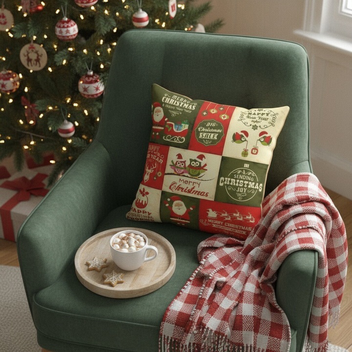 Fata de perna decorativa, model Craciun, poliester, 6220-26, imprimeu, 45 x 45 cm