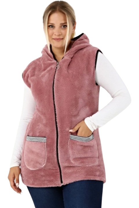 Vesta dama cocolino, cu gluga, StarFashion, groasa, pentru iarna, cu doua buzunare laterale, roz, 2XL