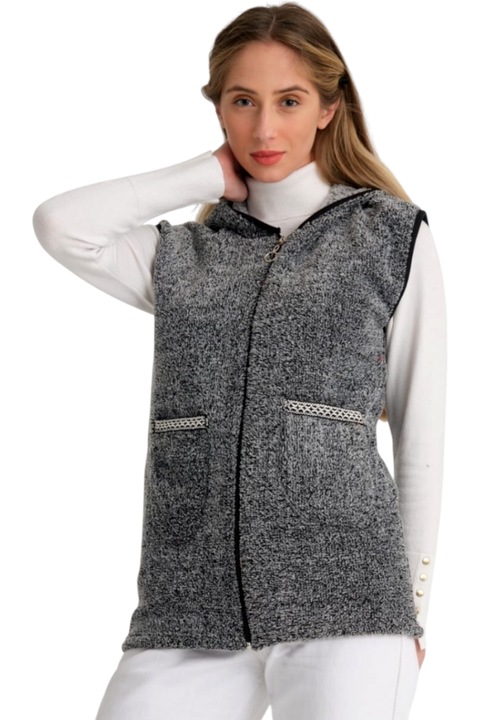 Vesta dama cocolino, cu gluga, StarFashion, groasa, pentru iarna, cu doua buzunare laterale, gri, 2XL