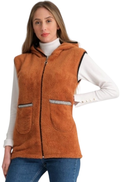 Vesta dama cocolino, cu gluga, StarFashion, groasa, pentru iarna, cu doua buzunare laterale, maro, 2XL