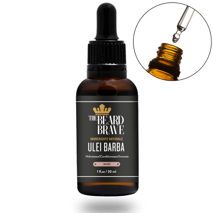 Ulei de Barba si Fata, Hidratant, Miros Musk, Ingrediente Naturale, Anti Descuamare Piele din Barba, The Beard Brave, 30 ml, Textura Uleios Mediu