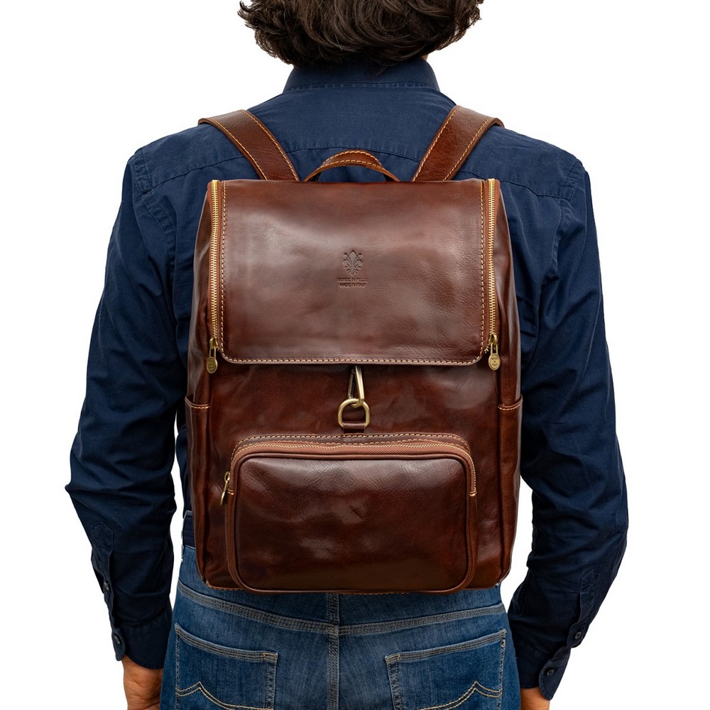 Rucsac din piele naturala pentru laptop, coniac, LR5568A