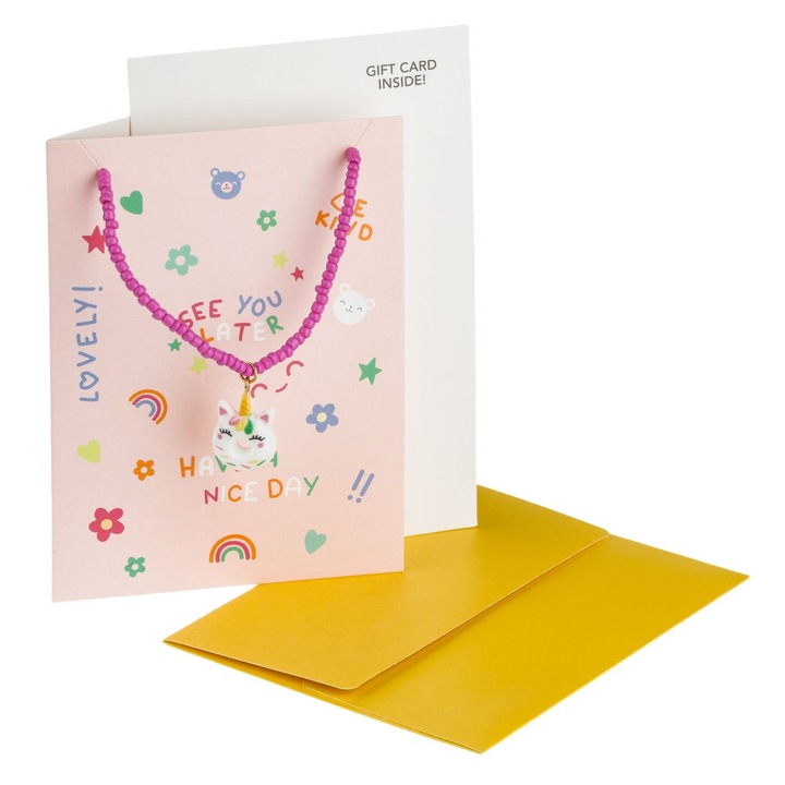 Colier cu margele fucsia și pandantiv unicorn, set 3buc, pentru fete, cu felicitare și plic galben