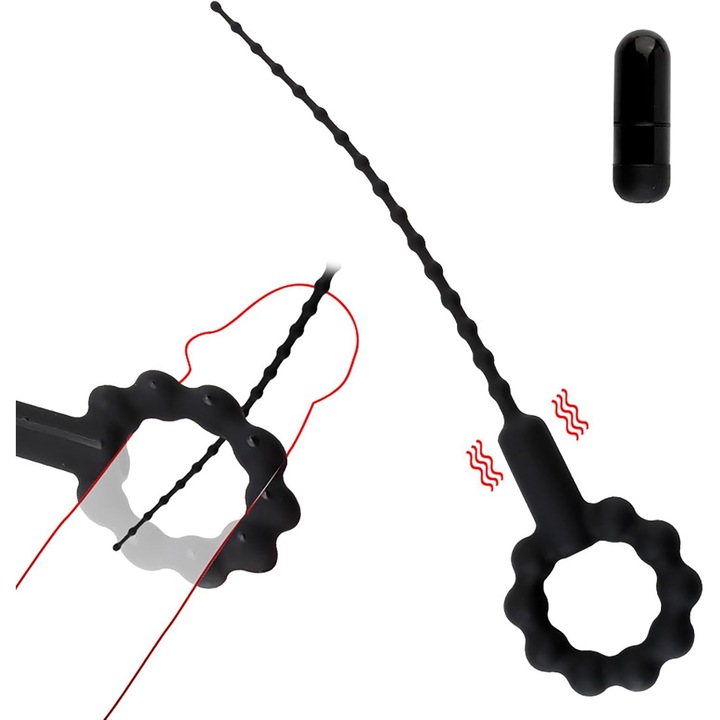 Dilatator uretral ，cu inel de blocare a spermei, dop uretral vibrator, silicon medical, design ergonomic, 26,5 cm, negru
