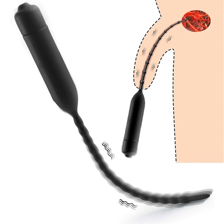 Vibrator dilatator uretral, 10 frecvente, silicon medical, design ergonomic, BDSM, 45 cm, negru
