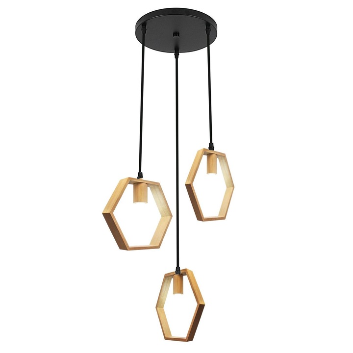 Goeco, Полилей, 3 рамена, дърво, регулируема тел за окачване 1,1 м, E27 (без източник на светлина)